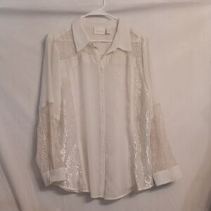 Chico's White Casual Button Down Shirt with Velvety Lacey Accents Size 3